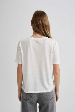 Футболка Relax Fit с круглым вырезом из блестящей ткани с короткими рукавами - Defacto фото 5