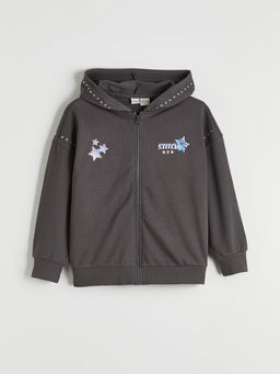 Kap??onlu Lilo ve Stitch Bask?l? K?z ?ocuk Fermuarl? Sweatshirt