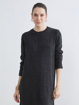 Bisiklet Yaka Kendinden Desenli Triko Elbise