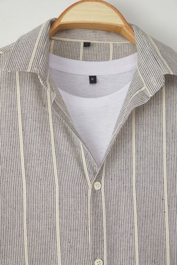 TRENDYOL MAN Bej Lacivert Cizgili Regular Fit Keten Gorunumlu Gomlek TMNSS25GO00037 - Trendyolmilla фото 6