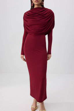 Bordo Yaka Detayl? Orme S?k/Gece Elbisesi TPRAW26EL00158