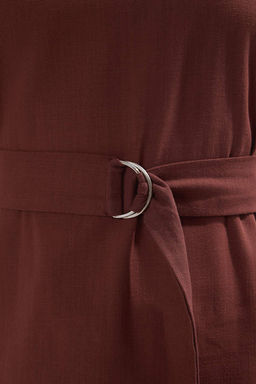 Kahverengi Kusakl? Keten Kar?s?ml? Duz Kesim Mini Dokuma Elbise TWOSS25EL00705