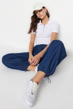 Lacivert Fermuar Detayl? Fitted/Vucuda Oturan Polo Yaka Fitilli Esnek Orme Bluz TWOSS23BZ00496 - Trendyolmilla фото 19