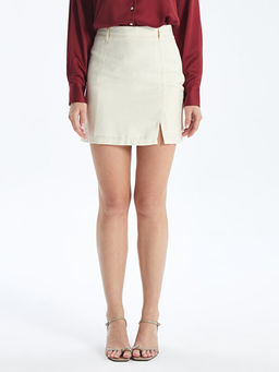 Beli Fermuarl? D?z Keten G?r?n?ml? Kad?n Etek