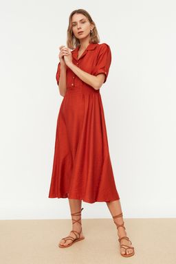 Turuncu A Kesim Gomlek Yaka Gipeli Midi Dokuma Elbise TWOSS21EL1023