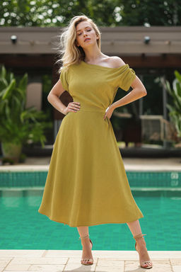 TRENDYOLMILLA Yag Yesili A Kesim Kay?k Yaka Midi Dokuma Elbise TWOSS25EL00726