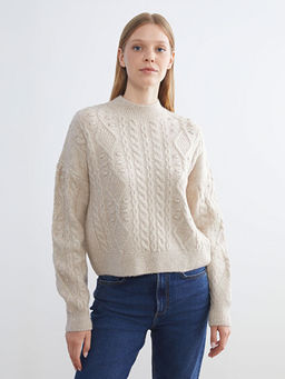 Yar?m Bal?k?? Yaka Kendinden Desenli Kad?n Triko Kazak