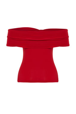 Trendyolmilla Siyah Carmen Yaka Vucuda Oturan Esnek Crop Orme Madonna Yaka Bluz TWOSS24BZ00368  фото 8