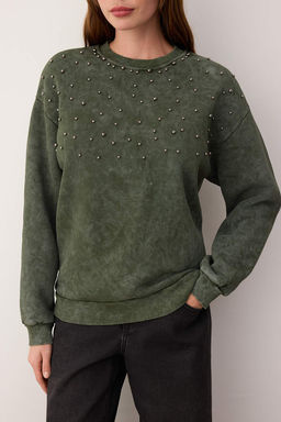 Haki Eskitme/Soluk Efektli Kal?n Ici Polarl? Inci Detayl? Regular Orme Sweatshirt TWOAW24SW00152