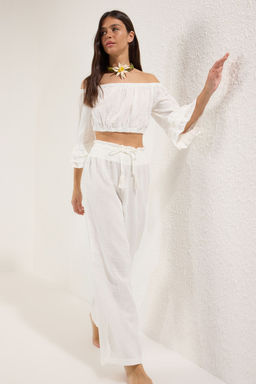 Plaj Giyim %100 Pamuk Ekru Dokuma Volanl? Yuksek Bel Bluz-Pantolon Tak?m TBESS25AU00107