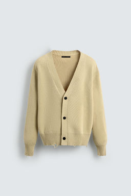 CARDIGAN WITH DISTRESSED RIBBED TRIMS