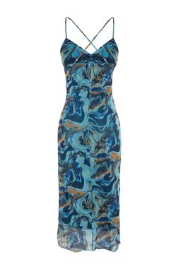 TRENDYOLMILLA Mavi Desenli Buzgulu Tul Bodycone/Vucuda Oturan Esnek Orme Elbise TWOSS23EL00646  фото 8