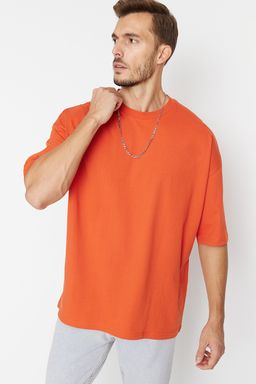 Turuncu Basic %100 Pamuklu Bisiklet Yaka Oversize/Genis Kesim K?sa Kollu T-Shirt TMNSS22TS0318