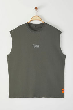 Gri Oversize/Genis Kesim Kabar?k Yaz? Bask?l? Etiketli S?f?r Kol T-Shirt/Atlet TMNSS24AL00005