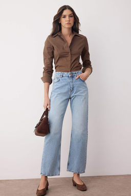 Koyu Mavi Yuksek Bel Comfort Straight Jeans TWOAW26JE00063 - Trendyolmilla фото 5