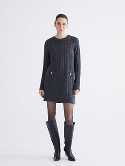 Bisiklet Yaka Kendinden Desenli Mini Triko Elbise