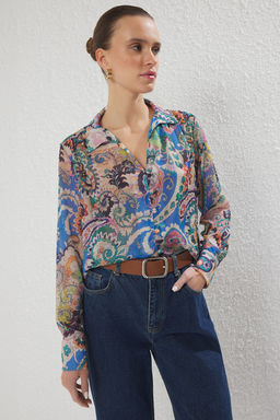 Trendyolmilla Cok Renkli Uzun Kollu Oversize Desenli Sifon Gomlek TWOSS25GO00153  фото 2