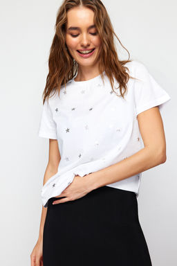 Beyaz %100 Kal?n Pamuklu Varak Y?ld?z Bask?l? Regular Kal?p Orme T-Shirt TWOSS20TS0757