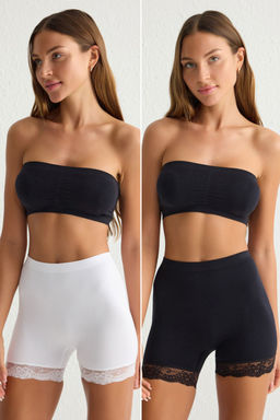 TRENDYOLMILLA Siyah-Beyaz 2li Paket Seamless/Dikissiz Dantel Detayl? Boxer Orme Kulot THMSS25KU00020