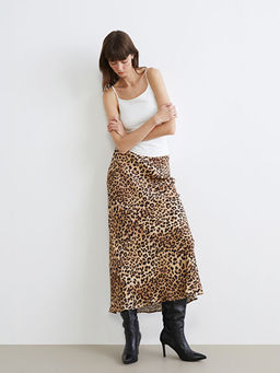 Beli Lastikli Leopar Desenli A Kesim Saten Etek