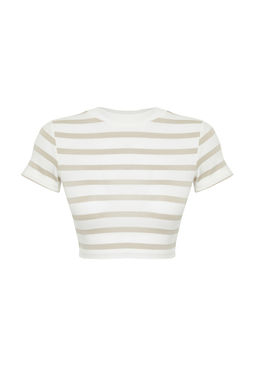 Trendyolmilla Premium Tas Ekru Cizgili Viskoz/Yumusak Kumas Crop Bisiklet Yaka Esnek Orme Bluz TWOSS23BZ00198 фото 16
