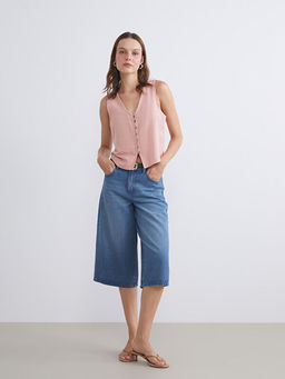 V Yaka Keten Kar???ml? Kad?n Klasik Yelek