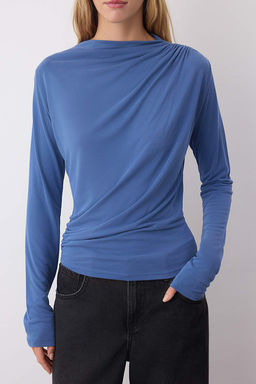 More Sustainable Indigo Modal Kumas Kay?k Yaka Drape/Buzgu Detayl? Orme Bluz TWOAW25BZ00281 - Trendyolmilla фото 3