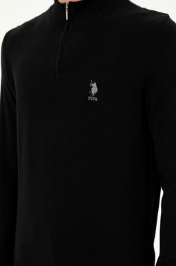 Erkek Slim Fit Yar_m Fermuarl_ Siyah Kazak