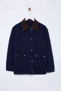 Koyu Mavi Kontrast Suet Yakal? Oversize Denim Gomlek Ceket TWOSS25CE00005 - Trendyolmilla фото 6