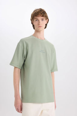 %100 Pamuk Boxy Fit Bisiklet Yaka Bask_l_ K_sa Kollu Ti__rt - Defacto фото 3