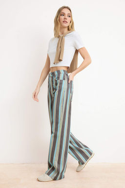 _ok Renkli D_K_ML_ _izgili Bask_l_ %100 Pamuk Y_ksek Bel Wide Leg Jeans TWOSS26JE00232 - Trendyolmilla фото 2