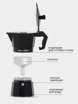 Кофеварка гейзерная Доляна Alum black, на 3 чашки, 150 мл, чёрная фото 2
