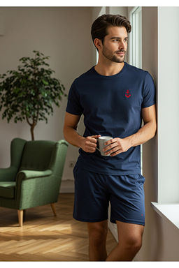 Lacivert Slim Fit _apa Nak__l_ _ortlu _rme Pijama Tak_m_ TMNSS25PT00068