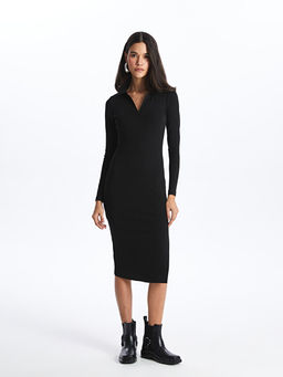 Polo Yaka D?z Uzun Kollu Elbise