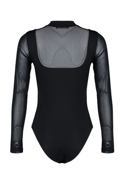 Siyah Slim Tul Detayl? Uzun Kollu Dik Yaka Alttan C?tc?tl?Esnek Orme Body TWOAW24BD00049