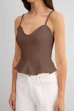 Ac?k Kahverengi Pamuklu Gabardin Ask?l? Peplum Dokuma Bluz TWOSS25BZ00537