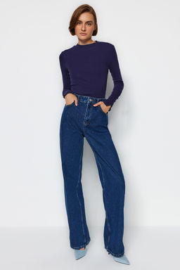 Trendyolmilla Lacivert Dugmeli Fitilli Dik Yaka Fitted/Vucuda Oturan Pamuklu Esnek Orme Bluz TWOAW24BZ00273  фото 2