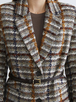 Ekose Kemerli Kad?n T?vit Blazer Ceket