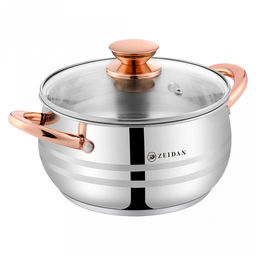 "Zeidan" Кастрюля из нержавеющей стали 2,7л, д18см, стеклянная крышка, ручки на корпусе и крышке "под золото", 3-x слойное капсулированное индукционное дно, комбинированная полировка снаружи, матовая полировка внутри, подарочная упаковка (Китай) Под