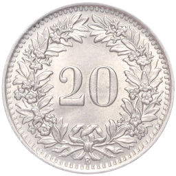 Монета 20 раппенов 1951 года Швейцария