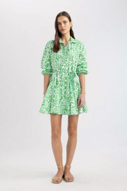 Gomlek Yaka Desenli Uzun Kollu Poplin Mini Elbise