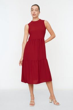 Bordo Shift/Duz Kesim Dik Yaka Midi Dokuma Elbise TWOSS20EL1864