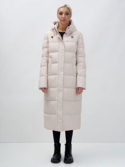 Пальто утепленное стеганное зимнее с капюшоном женское бежевого цвета 9627B