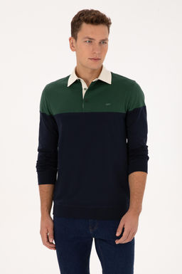 Erkek Regular Fit Polo Yaka Koyu Ye_il Sweatshirt