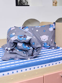 Постельное белье детское поплин с простыней на резинке - Мишки, цвет синий Детский