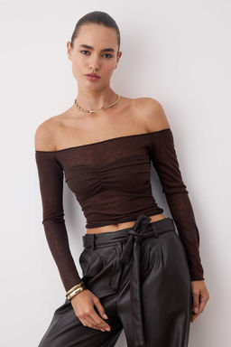 Kahverengi Carmen Yaka Orme Party Bluz TPRAW26BZ00041
