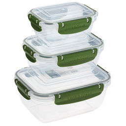 Контейнер для продуктов пластмассовый Мастер набор 3шт: 0,4л, 0,8л, 1,4л, прямоугольный, с клипсами, воздухонепроницаемый (герметичный), съемный силиконовый уплотнитель, подходит для СВЧ (Россия)