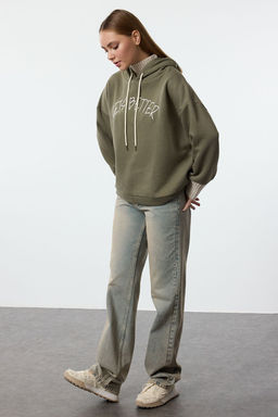 Haki Kal?n Ici Polarl? Triko Bant Detayl? Kapusonlu Orme Sweatshirt TWOAW22SW1806