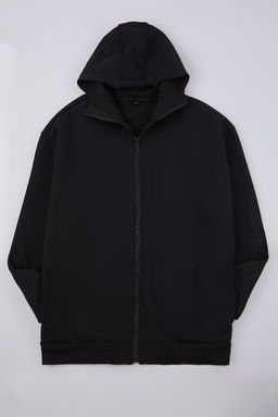 TRENDYOL MAN Buyuk Beden Siyah Oversize/Genis Kesim Fermuarl? Kapusonlu Pamuklu Sweatshirt TMNAW25AO00029 - Trendyolmilla фото 2