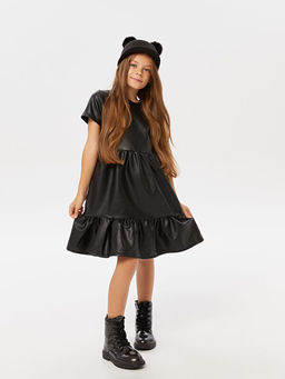 Bisiklet Yaka Basic K?sa Kollu Deri G?r?n?ml? K?z ?ocuk Elbise